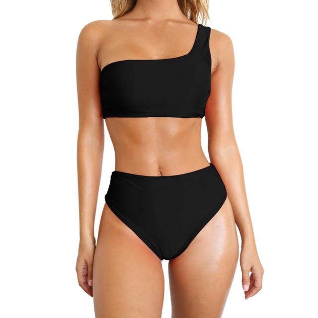 2019 Women Swimsuit Sexy Bikini Set Solid One Shoulder Swimwear 2019