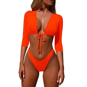 Brazilian Swimsuit Solid Bathing Suit Half Sleeve High Cut Thong Bikini 2019